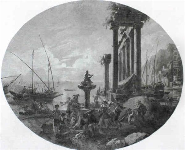 Peasants Dancing And Resting Before A Fountain Overlooking  A Mediterranean Port Oil Painting by Pieter Jacobsz Van Laer