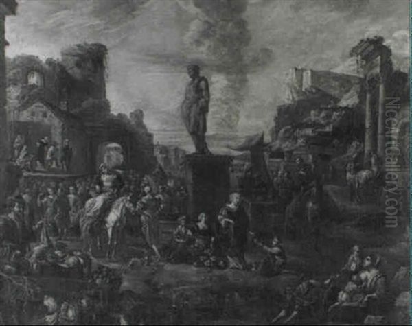 A Capriccio Of A Roman Piazza With Market Stalls In The     Foreground, A Commedia Dell'arte Performance...beyond Oil Painting by Pieter Jacobsz Van Laer