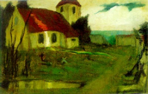 A Village Church Oil Painting by Eugene Laermans