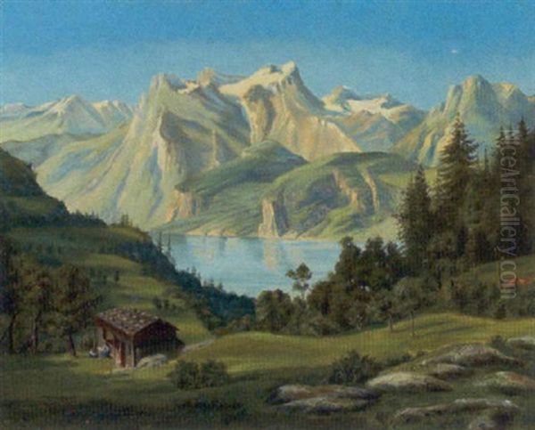 Sydlandsk Bjerglandskab Med I Forgrunden Figurer Ved Hytte Oil Painting by Thorald Laessoe
