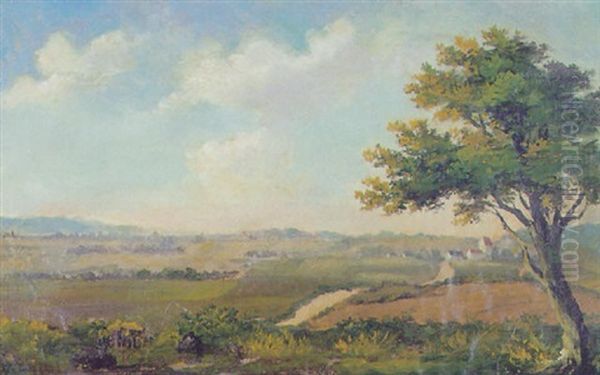 Udsigt Over Dansk Sensommerlandskab Med Kirke Og Drivende Skyer Oil Painting by Thorald Laessoe