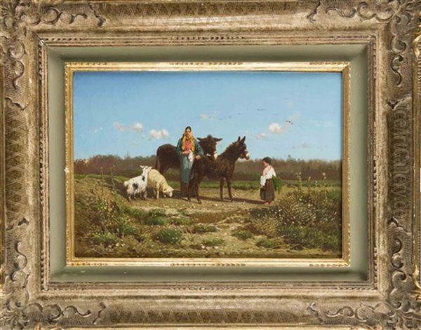 Bauerin Mit Kind, Zwei Eseln Und Schafen In Suditalienischer Landschaft Oil Painting by Giuseppe Laezza