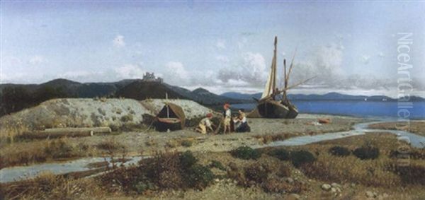 Famiglia Di Pescatori Nel Paesaggio Costiero Oil Painting by Giuseppe Laezza