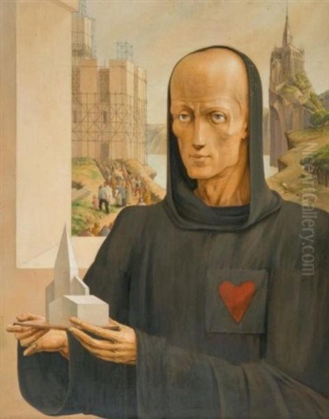 Le Geometre Ou Le Moine Constructeur Et Trois Etudes Dessinees Pour Ce Tableau (4 Works) Oil Painting by Luc Lafnet