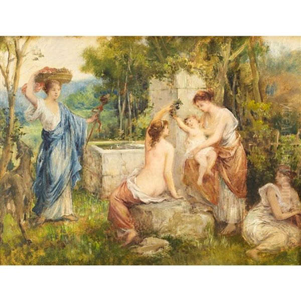 Bathers At A Fountain Pool Oil Painting by Francois Lafon