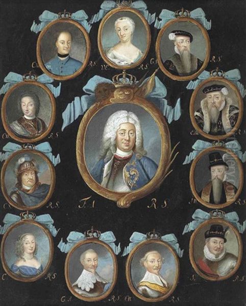 A Frame Containing Twelve Oval Portraits Of Members Of The Swedish Royal Family Within Gilt Surrounds, Coronet And Blue Ribbon Surmounts Oil Painting by Niclas Lafrensen the Elder