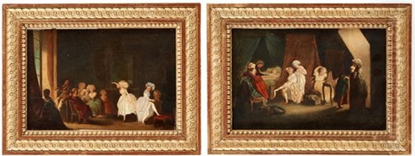 Le Lever Des Ouvrieres En Modes Och Ecole De Danse (2 Works) Oil Painting by Niklas Lafrensen the Younger