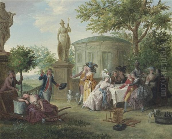 Elegant Figures Dining In A Garden Amongst Classical Sculptures, A Rotunda Beyond Oil Painting by Niklas Lafrensen the Younger