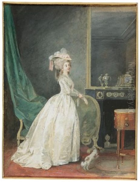 A Lady Standing In An Interior, Preparing To Go Out With Her Dog Oil Painting by Niklas Lafrensen the Younger
