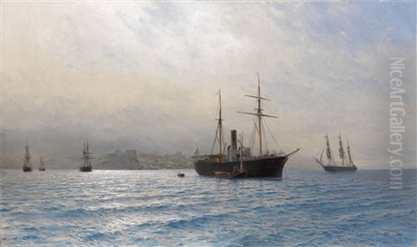 Ships On A Calm Sea Oil Painting by Lev Felixovich Lagorio
