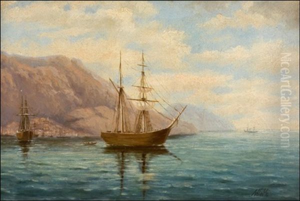 Purjelaivoja Rannikon Tuntumassa - Segelskepp Vid Kusten Oil Painting by Lev Felixovich Lagorio