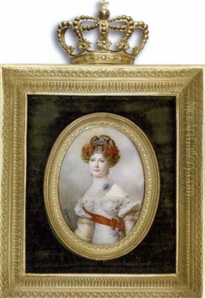 Grand Duchess Elena Pavlovna In Lace-bordered White Dress, Long White Gloves, Wearing Five Strand Pearl Necklace With Large Sapphire Clasp, Drop Sapphire Earrings, Red Carnations Oil Painting by Anthelme Francois Lagrenee