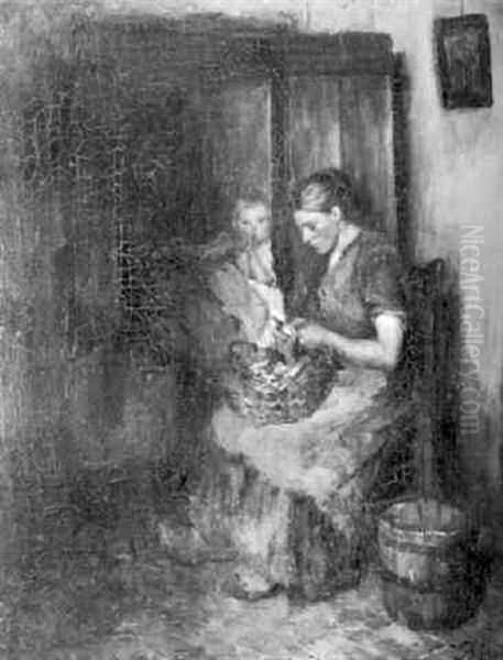 Larens Interieur Met Aardappelschillende Vrouw Oil Painting by Baruch Lopes de Leao Laguna