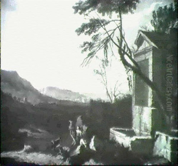 Personnages Devant Une Fontaine Oil Painting by Laurent de (LaHyre) LaHire