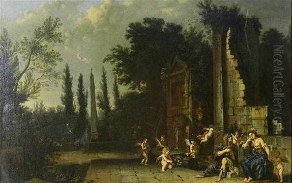 Figures And Cherubs Among The Ruins Oil Painting by Gerard de Lairesse