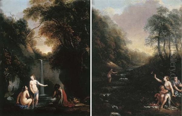 A Wooded Landscape With Nymphs Bathing By A Waterfall (+ A Wooded Landscape With Nymphs And Putti Bathing; Pair) Oil Painting by Gerard de Lairesse