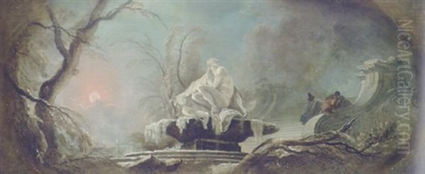 Winter: A Frozen Fountain With Figures On A Staircase Oil Painting by Jacques de Lajoue