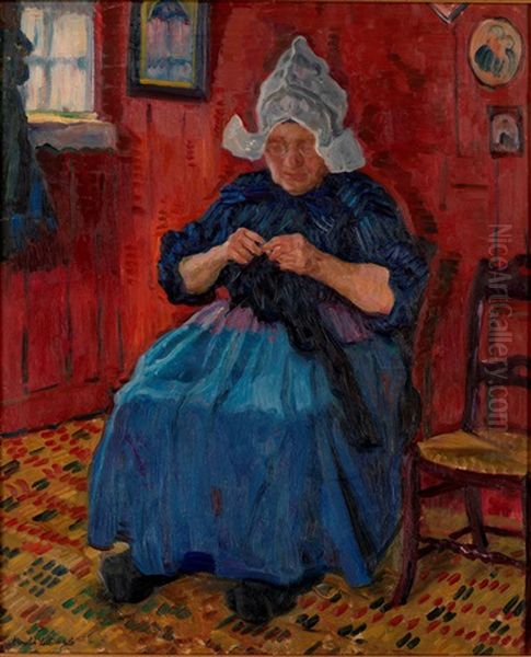 Old Lady Knitting Oil Painting by Arnold Borisovich Lakhovsky