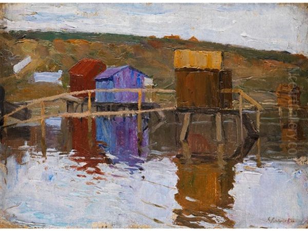 Badehutten Und Baracken Am Flussufer Oil Painting by Arnold Borisovich Lakhovsky