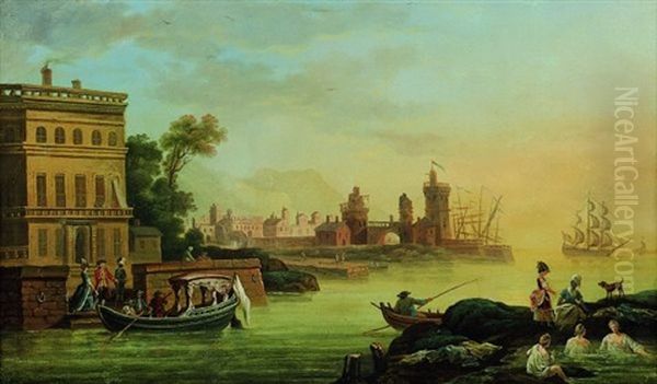 Un Embarcadere Oil Painting by Jean Baptiste Lallemand