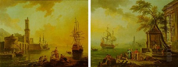 Evening: A Harbour With Fishermen Drawing In Their Nets, Fishsellers Conversing On A Rock In The Foreground And Shipping At Anchor In The Bay Beyond Oil Painting by Jean Baptiste Lallemand