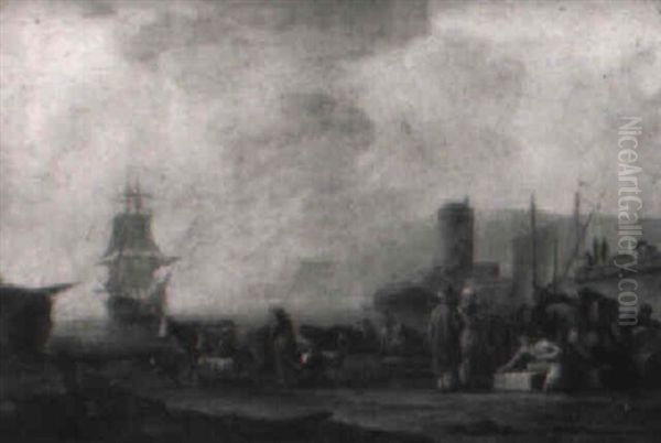 Vue D'un Port Oriental Au Coucher Du Soleil Oil Painting by Jean Baptiste Lallemand