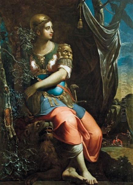 Junge, Sitzende Frau Im Lederharnisch, Zu Ihren Fusen Ein Liegender Lowe, Allegorie Der Fortitudo Oil Painting by Giovanni Battista Lama
