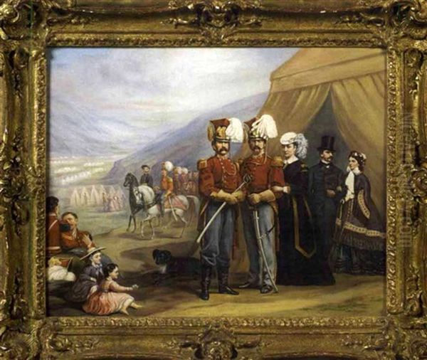 Governor Winthrop And His Wife With Boston Lancers At A Civil War Encampment Oil Painting by George Cochran Lambdin
