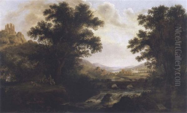 An Italianate Landscape With Drovers Crossing A Bridge And Figures By A Camp Fire Oil Painting by James Lambert the Elder