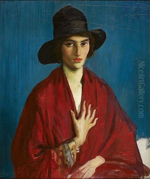 Woman In A Red Dress And Black Hat Oil Painting by George W. Lambert