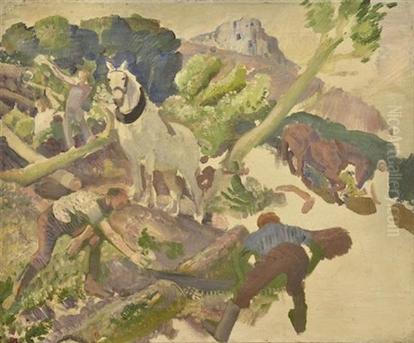 Men Cutting Trees Sketch Oil Painting by George W. Lambert