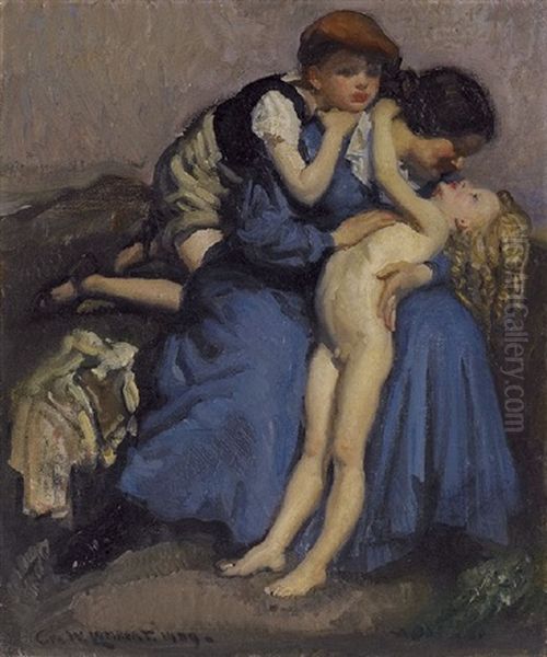 Mother And Sons Oil Painting by George W. Lambert