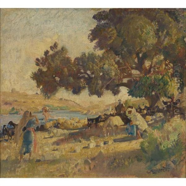 The Ford Across The Jordan At Jizra Benat Jacob Oil Painting by George W. Lambert