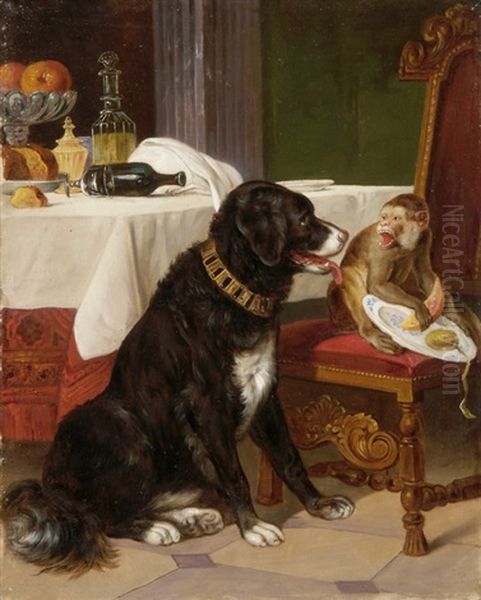 Hund Und Affchen Vor Gedecktem Tisch Oil Painting by Louis Eugene Lambert
