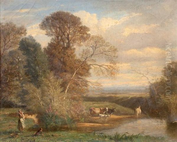 Vaches Aux Bords De La Riviere Oil Painting by Emile Charles Lambinet
