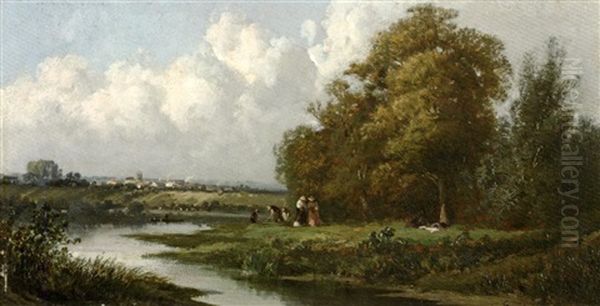 Jardiniers Au Bord De La Riviere Oil Painting by Emile Charles Lambinet
