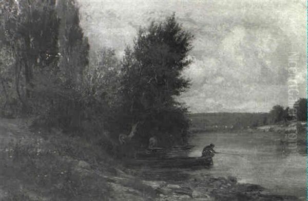 Fisherman Along A River Oil Painting by Emile Charles Lambinet