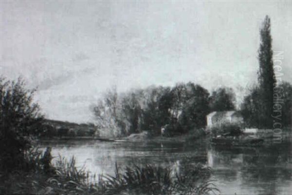 Seine Landscape, Fisherman Oil Painting by Emile Charles Lambinet