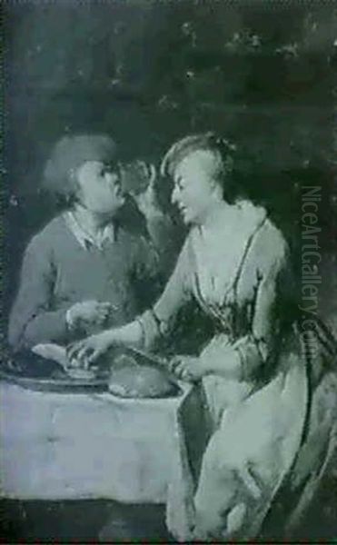 A Couple Eating And Drinking At A Table  An   Amorous Couple Seated At A Table Smelling Flowers... Oil Painting by Jan Baptist Lambrechts