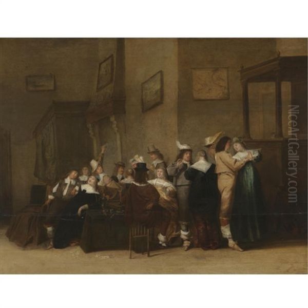 An Elegant Company Making Merry In An Interior Oil Painting by Christoffel Jacobsz. Van Der Lamen