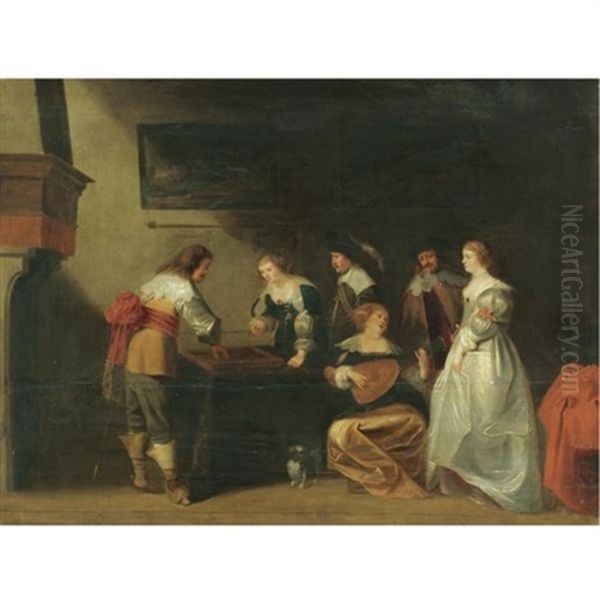 An Elegant Company In An Interior With A Lady And Gentleman Playing Tric-trac Oil Painting by Christoffel Jacobsz. Van Der Lamen