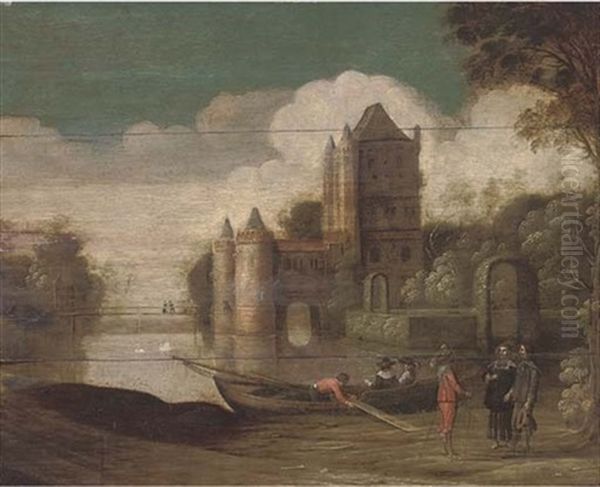 A Landscape With A Moated Castle And Gentlemen Conversing By A Boat Oil Painting by Christoffel Jacobsz. Van Der Lamen