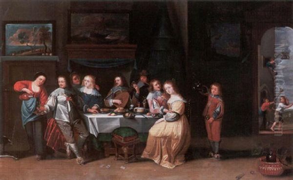 Elegant Figures Dining And Playing Music Around A Table In An Interior Oil Painting by Christoffel Jacobsz. Van Der Lamen