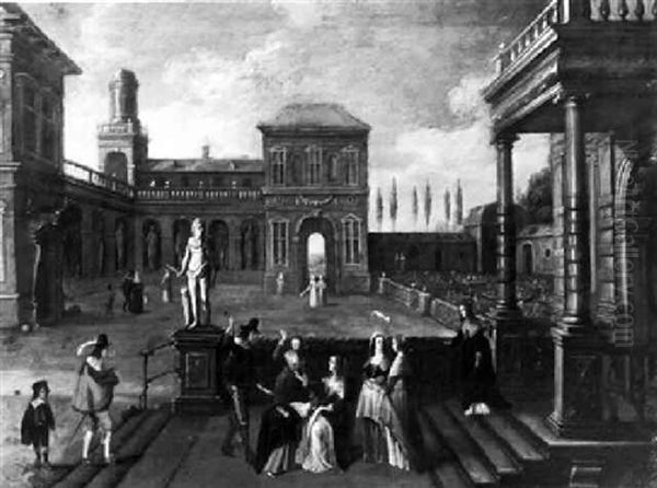 Elegant Figures In The Courtyard Of A Palace Oil Painting by Christoffel Jacobsz. Van Der Lamen