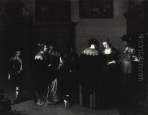 Elegant Figures In An Interior Oil Painting by Christoffel Jacobsz. Van Der Lamen