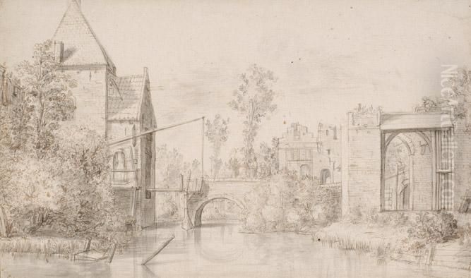 View Of A Draw-bridge And A City Gate Oil Painting by Carel Jacobus Behr