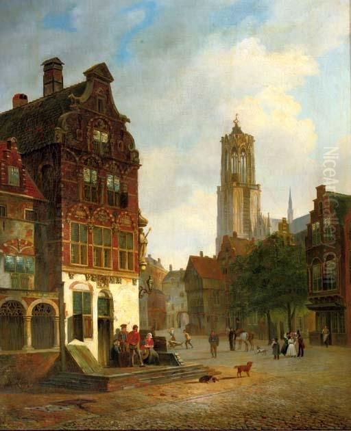 Daily Activities In Utrecht With The Domtower Beyond Oil Painting by Carel Jacobus Behr