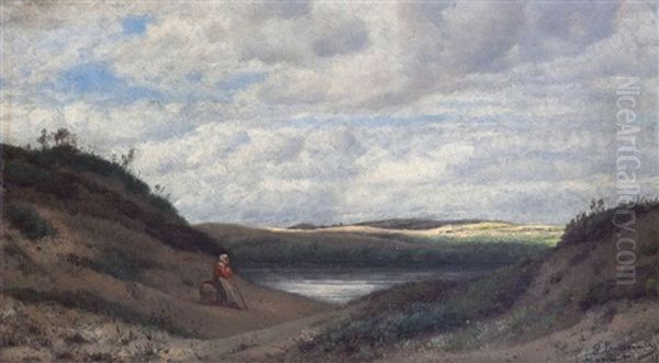 Vue De La Fagne Animee D'une Paysanne Reveuse Au Bord De L'eau Oil Painting by Jean Pierre Francois Lamoriniere