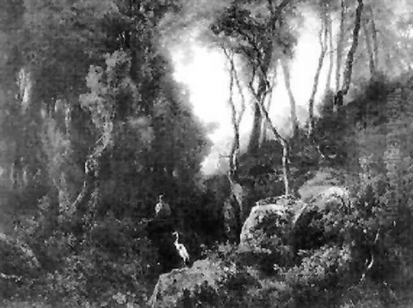 Buck Looking Out Over The Valley With Two Herons Oil Painting by Jean Pierre Francois Lamoriniere