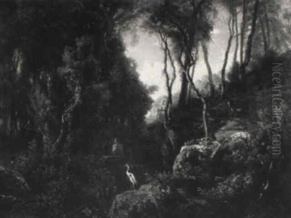 A Wild Mountainscape With Herons, Deer, A Hunter And His Hounds Oil Painting by Jean Pierre Francois Lamoriniere